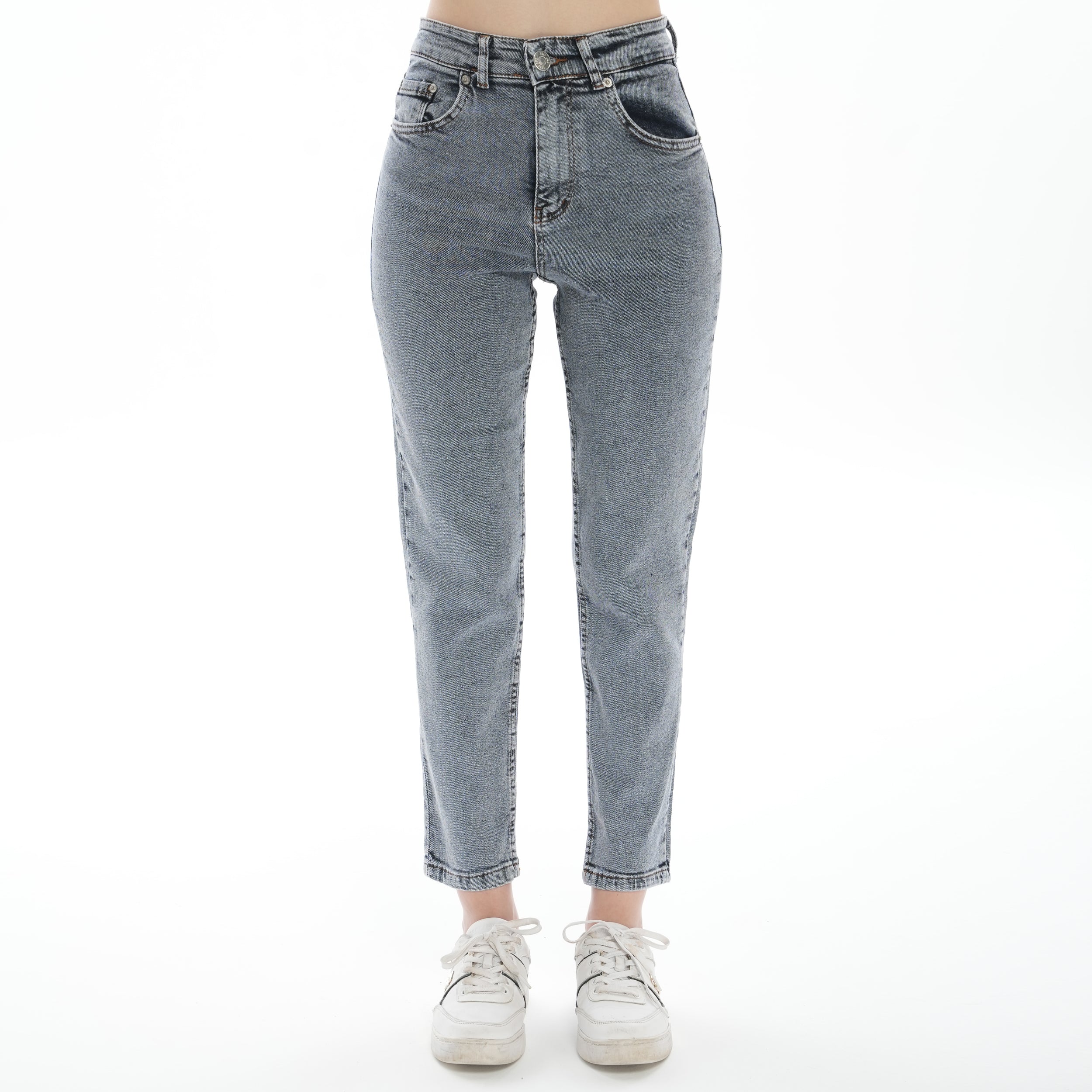 Kadın Kar Mavi Mom Jeans Yüksek Bel Likralı Kot Pantolon