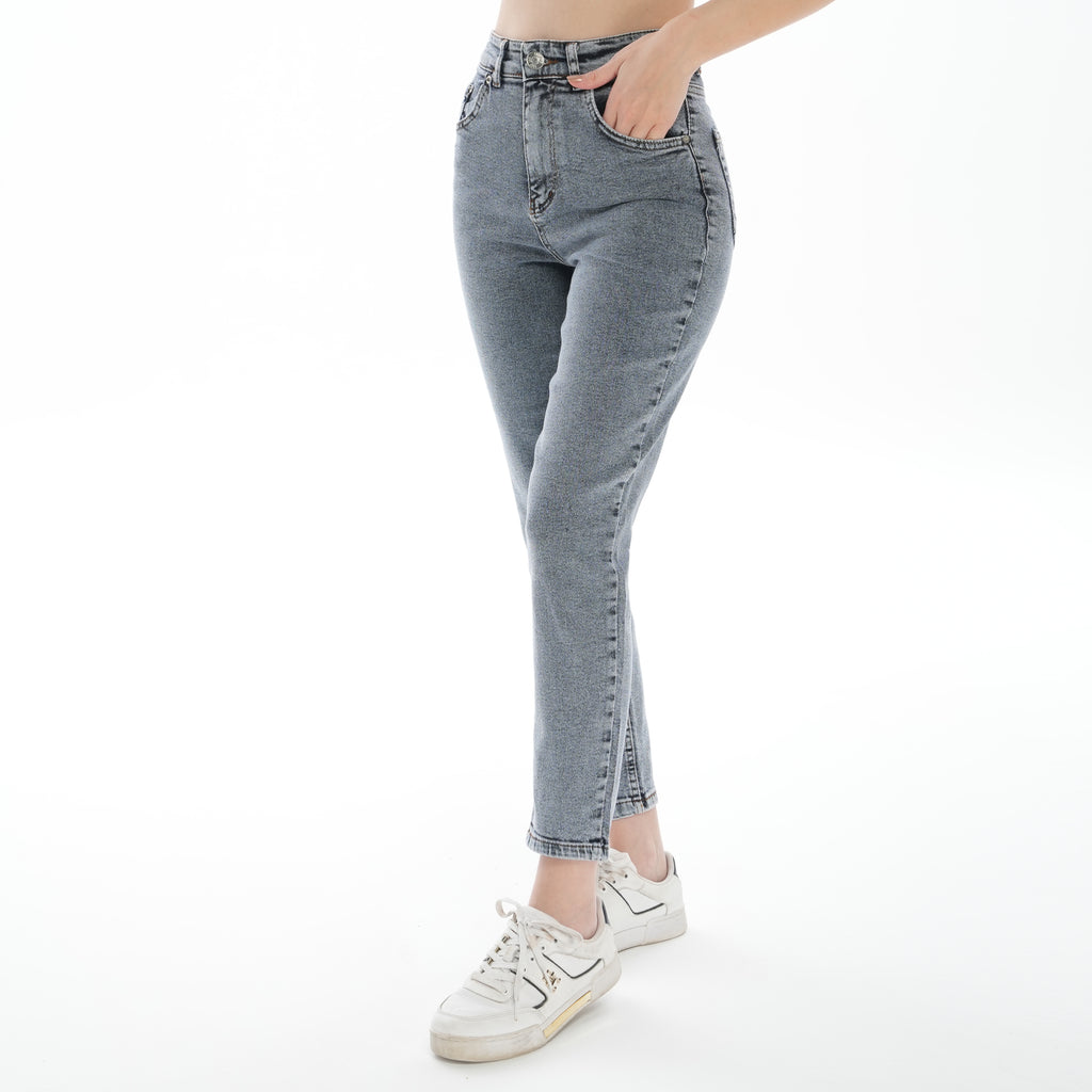 Kadın Kar Mavi Mom Jeans Yüksek Bel Likralı Kot Pantolon