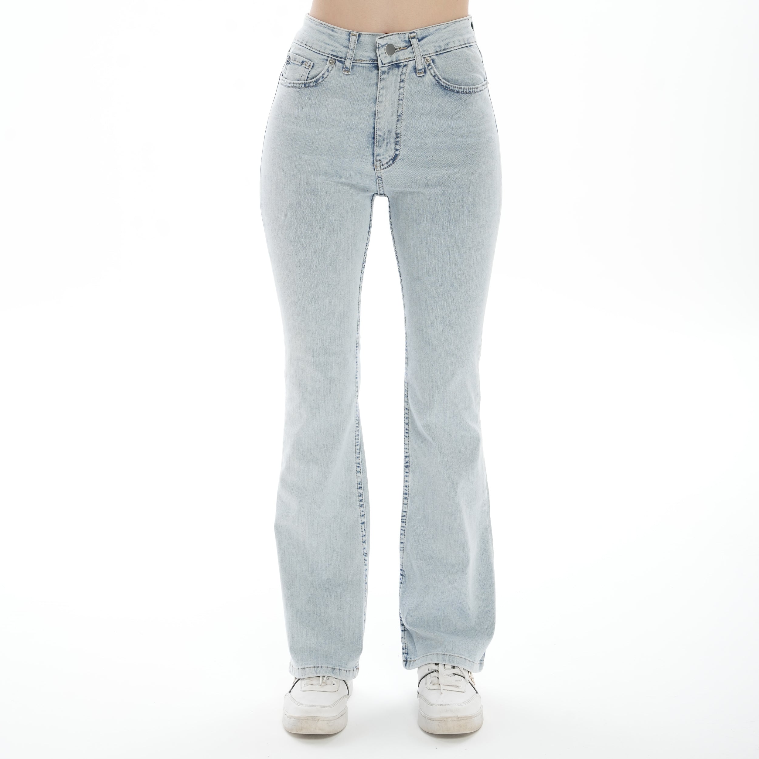 Julia Kadın Yüksek Bel Mavi Kar Yıkama Likralı İspanyol Paça Jeans Kot Pantolon