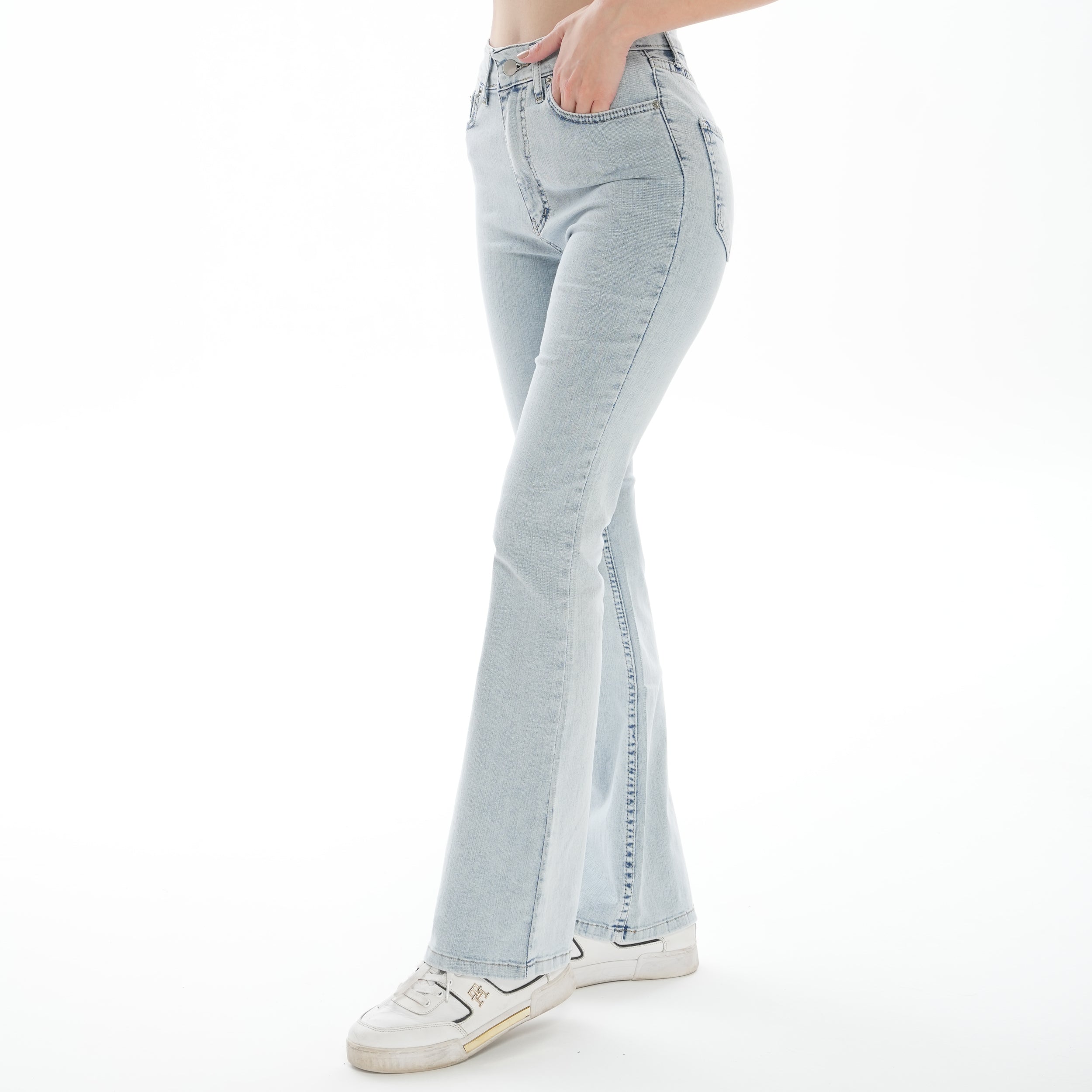 Julia Kadın Yüksek Bel Mavi Kar Yıkama Likralı İspanyol Paça Jeans Kot Pantolon