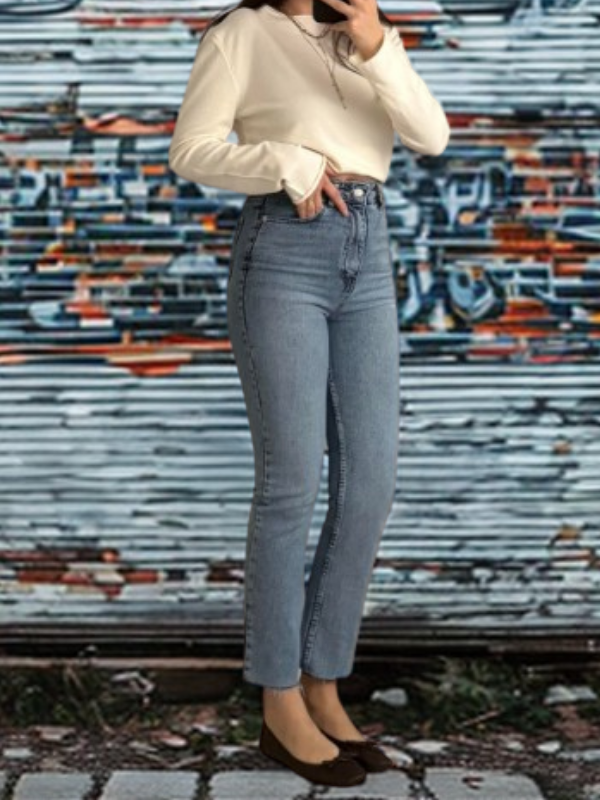 Kadın Kar Mavi Mom Boy Fit Straight Jean