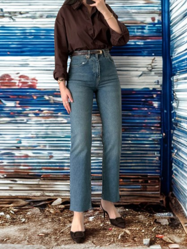 Kadın Vintage Kesik Paça Mom Fit Straight Jean