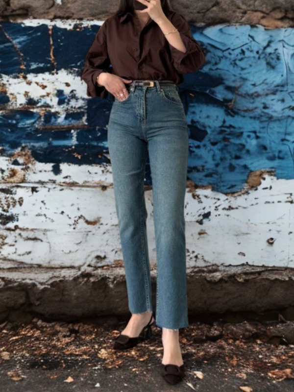 Kadın Vintage Kesik Paça Mom Fit Straight Jean