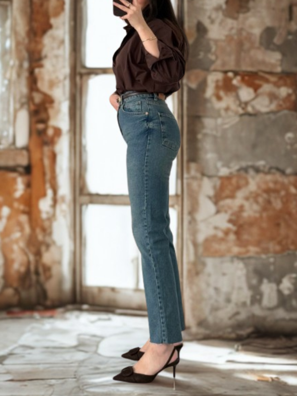 Kadın Vintage Kesik Paça Mom Fit Straight Jean