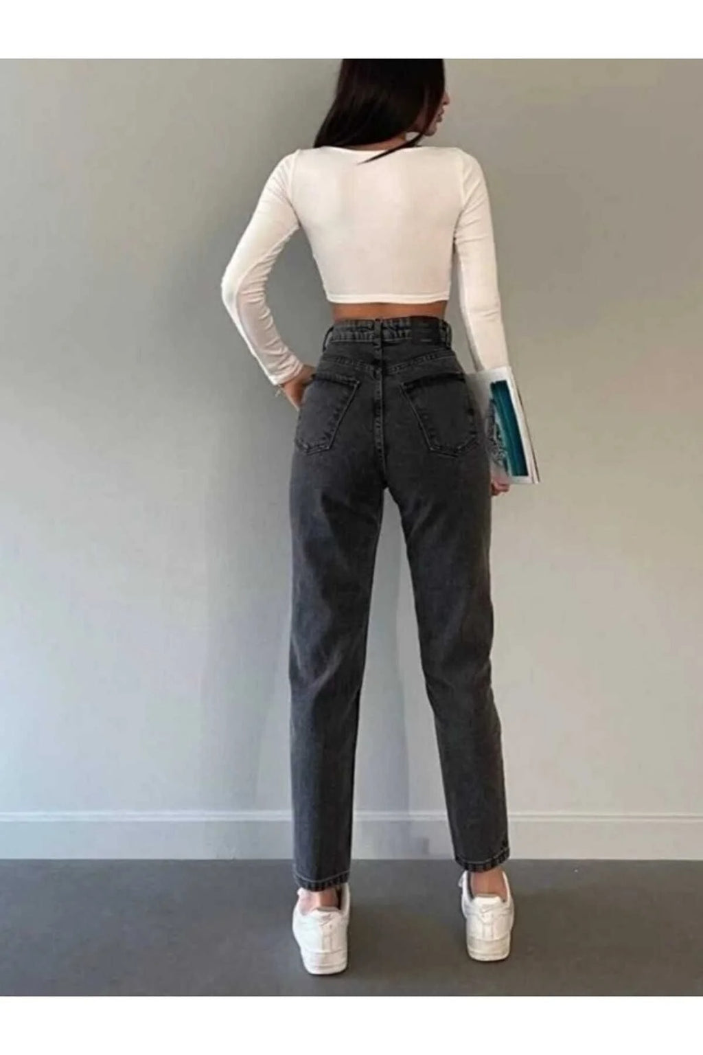 Yüksek Bel Antrasit Mom Jeans