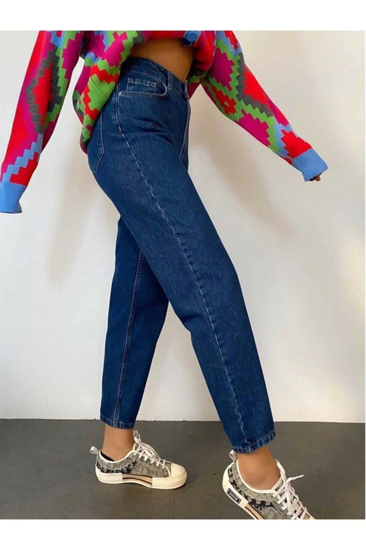 Yüksek Be Koyu Mavi Mom Jeans