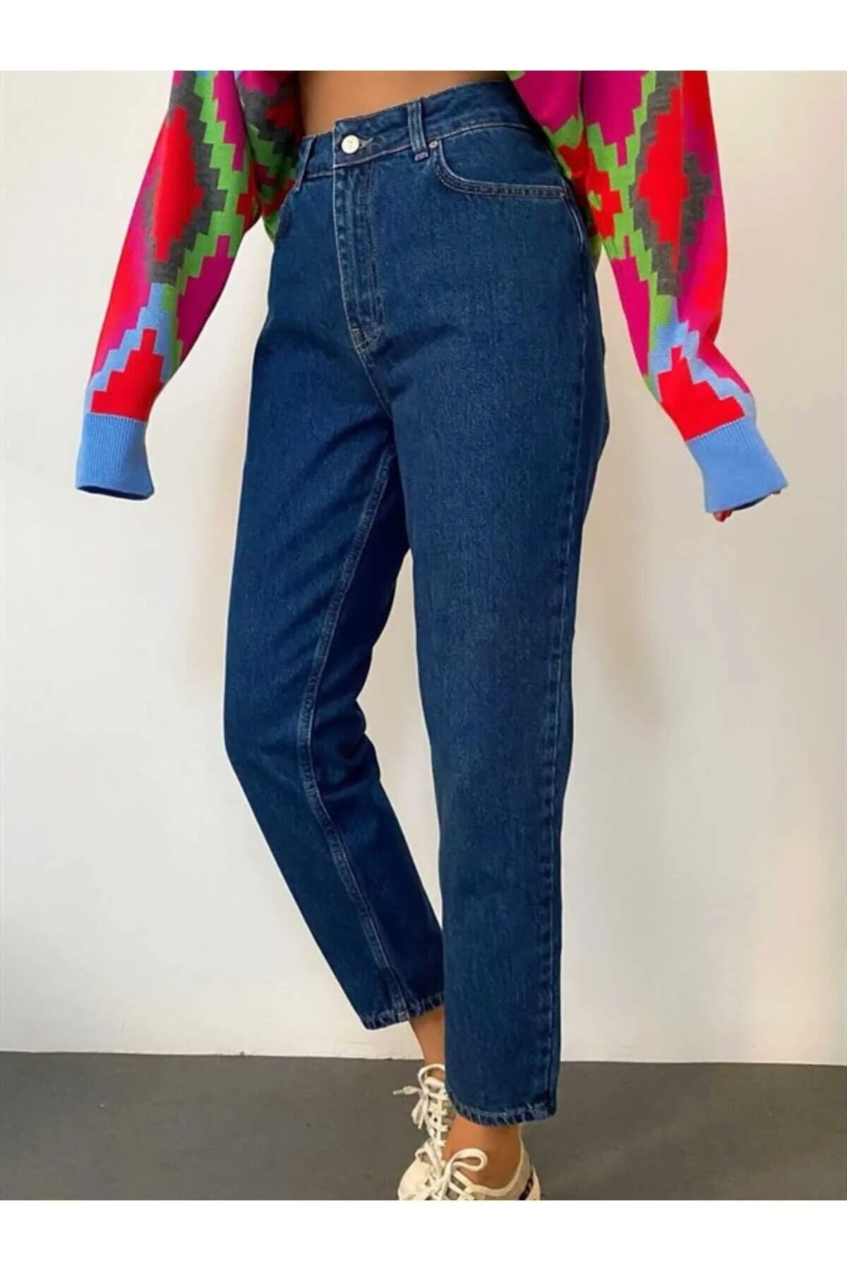 Yüksek Be Koyu Mavi Mom Jeans