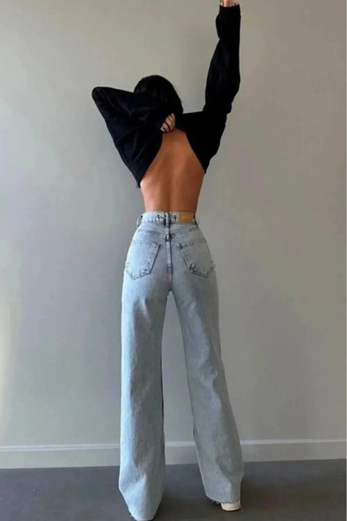 Julia 90's Kar Yıkama Mavi Süper Yüksek Bel Salaş Jeans Palazzo Pantolon