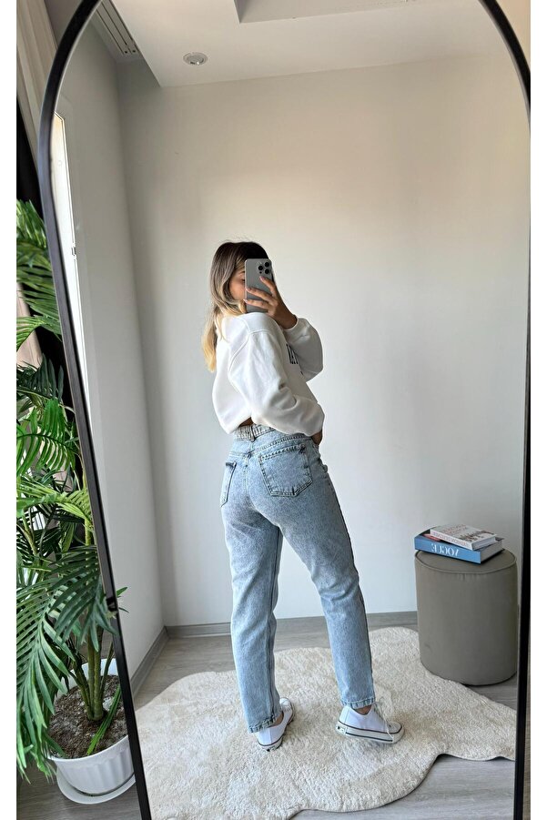 Kadın Kar Mavi Mom Jeans Yüksek Bel Likralı Kot Pantolon